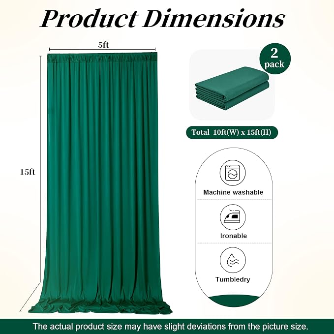 10ft x 15ft Hunter Green Backdrop Curtains for Wedding Parties, 2 Panels Extra Long Wrinkle Free Fabric Drapes Photo Backdrop for Baby Shower Birthday Stage Reception Lobby Decoration