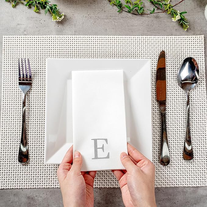 Luxenap 15.8 X 7.9 Inch Linen-Feel Guest Towels, 2000 Lettered Hand Towels - Silver Letter 'E', Sans Serif Font, White Paper Dinner Napkins, airlaid, For Restrooms And Tables - Restaurantware