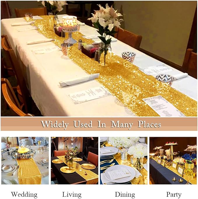 ShinyBeauty Gold Table Runners 108 Inches Long Sequin Table Runner 20 Packs Glitter Fabric Sparkle Golden Table Linen for Party Wedding Outdoor Dining Tables
