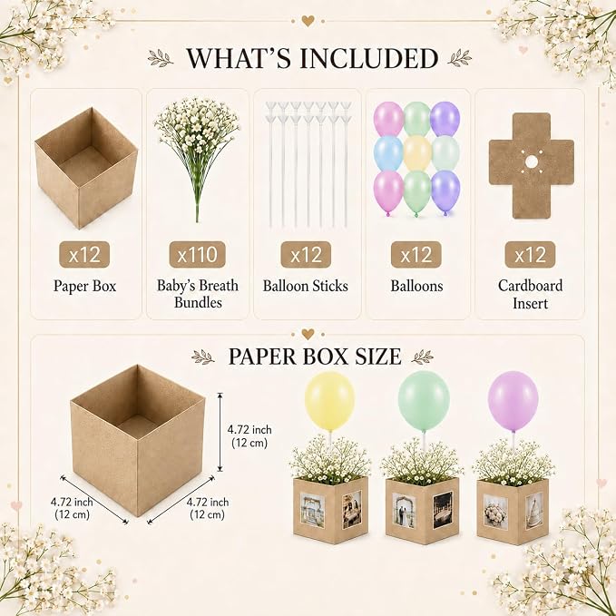 Cinrobiye 12 Pcs Wedding Table Centerpiece Boxes with Artificial Baby's Breath Flowers,Balloons,and Ribbon,DIY Photo Display Floral Table Decorations for Wedding Reception Engagement Bridal Shower
