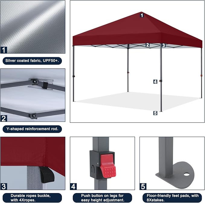 COOSHADE Durable Easy Pop Up Canopy Tent 10x10Ft, Burgundy