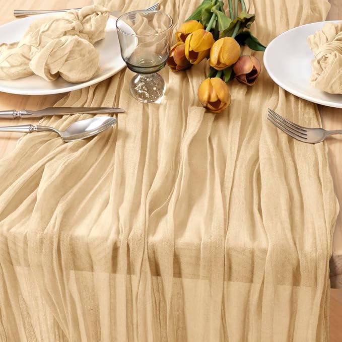 MLMC Champagne Cheesecloth Table Runner 10ft Sand Rustic Gauze Cheese Cloth Table Runner 35x120 Inches for Farmhouse Cozy Holiday Outdoor Events Home Decor