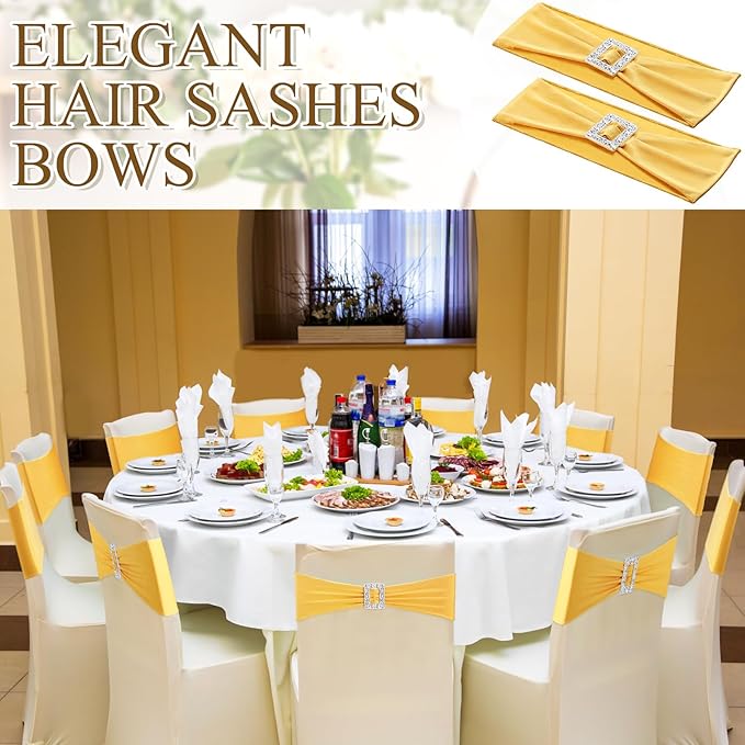 VitalCozy 100 Pcs Spandex Chair Sashes with Square Buckle Slider Stretch Chair Cover Band Universal Elastic Ties Straps Bows for Wedding Banquet Event Party Decoration(Gold)