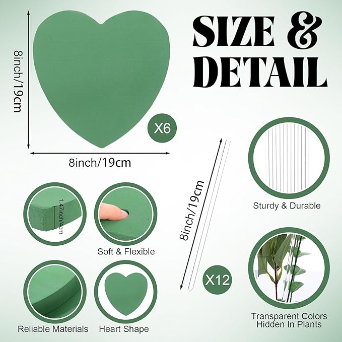 Pangda 6 Pcs Heart Shaped Floral Foam Wet Florist Foam Blocks with 12 Pcs Clear Plant Support Stakes DIY Flower for Wedding Bridal Shower Anniversary Party Table Centerpiece Decoration, 8"x 8" x 1.47"