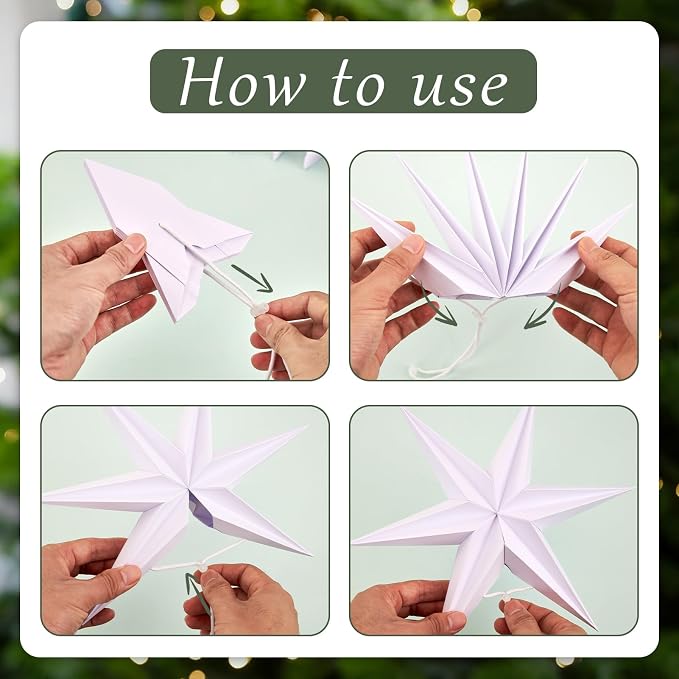 SUNBEAUTY Christmas Paper Stars, 6 Pointed 12 Inch White Color Hanging Paper Star Lanterns, Christmas Decorations Hanging Lamp for Indoor Xmas Tree, Yard, Home Decor Birthday