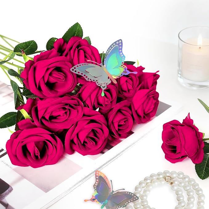 50 Pcs Fake Roses Burgundy Artificial Flowers Bulk, Faux Velvet Silk Rose Bouquet with Long Stems Real Look for Wedding Party Centerpieces Vases Decor