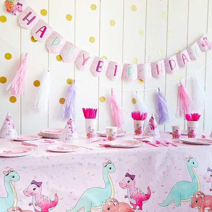 195-Piece Pink Baby Girl Dinosaur Birthday Party Supplies with Plates, Napkins, Cups, Cutlery, Banner, Hats, Table Covers (Serves 24) - Pastel Pink Dinosaur Party Decorations
