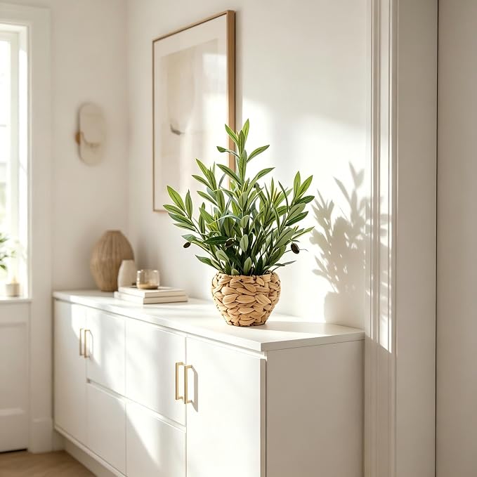 AlphaAcc 17.7" Artificial Olive Plant in Water Hyacinth Basket - Faux Olive Tree for Desk, Office & Mediterranean Decor