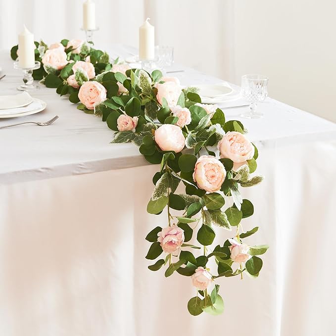 MISSPIN 2pcs Artificial Flowers Garland Spring Eucalyptus Garland Vintage Fake Flower Peony Rose Vine Greenery Decorative Wall Hanging Plant for Wedding Arch Door Arrangement Party Decor (Pink,2)