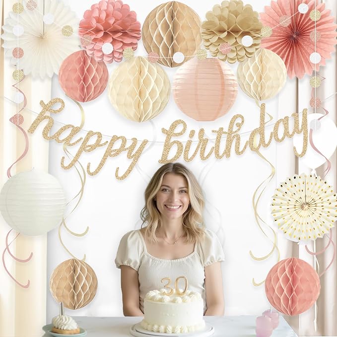 Boho Pink Happy Birthday Decorations for Women Girls, Pre-Strung, 24pcs | Happy Birthday Banner, Honeycomb Ball, Paper Flowers, Lanterns, Fans, Streamers, Dots Garland for Birthday Party Decorations