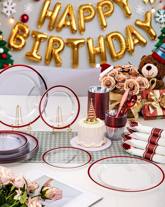 BESTVIP 700PCS Disposable Clear Red Dinnerware Sets for 100 Guests, Plastic Plates for Party, 200 Plastic Plates,100 Cups, 100 Pre-Rolled Napkins with Cutlery for Parties, Christmas, Wedding