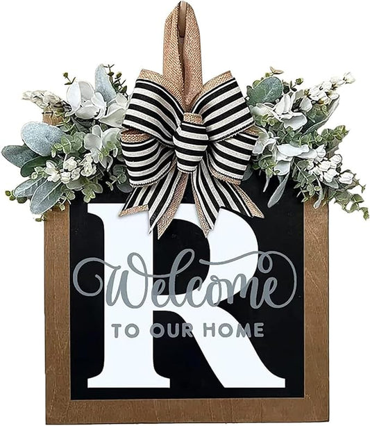 Last Name Year Round Front Door Wreath Front Porch Decoration 26 Letter Welcome Sign with Eucalyptus Garland and Bow Spring Wreaths for Front Door Outside Hanger Garland（R）