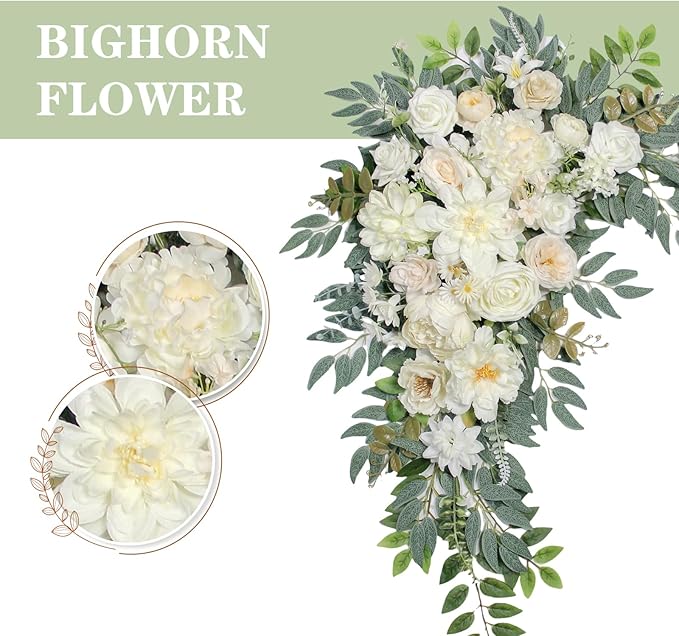 Wedding Arch Flowers with Drapes (Set of 3) Wedding Decor and Wedding Arch Draping Artificial Flower Arrangements Wedding Decorations for Reception Wedding (White Champagne)
