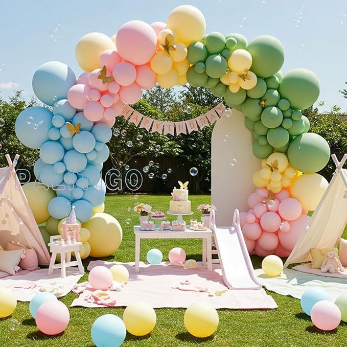 Pastel Balloon Arch Kit for Baby Shower Decorations, Birthday Party, Garden Wedding – Double Stuffed Pink Blue Yellow Green Balloons with Gold Butterflies – Girl Boy Gender Reveal Decorations