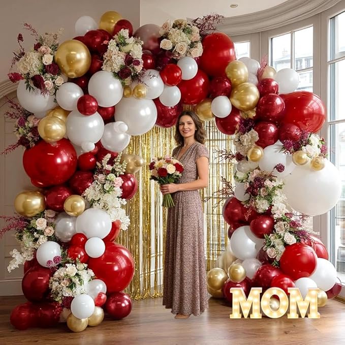 Red White Gold Balloon Arch Double Stuffed Burgundy Red Gold Pearl White Balloon Garland Kit Wine Latex Balloons for Mother's Day Birthday Wedding Engagement Graudation Party Decorations