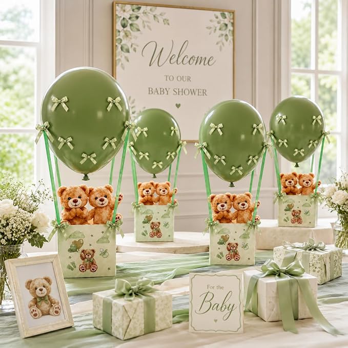 Cinrobiye 12 Sets Teddy Bear Baby Shower Centerpieces for Tables, Bear Favor Boxes with Balloons, Ribbons Paper Straws, DIY Table Decorations for Gender Reveal, Baby Shower, Birthday Party Supplies