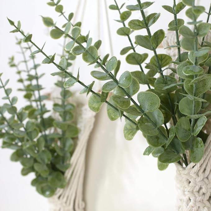 Macrame Wall Hanging with Artificial Eucalyptus Plant, Boho Wall Decor, Green Gray, Set of 2