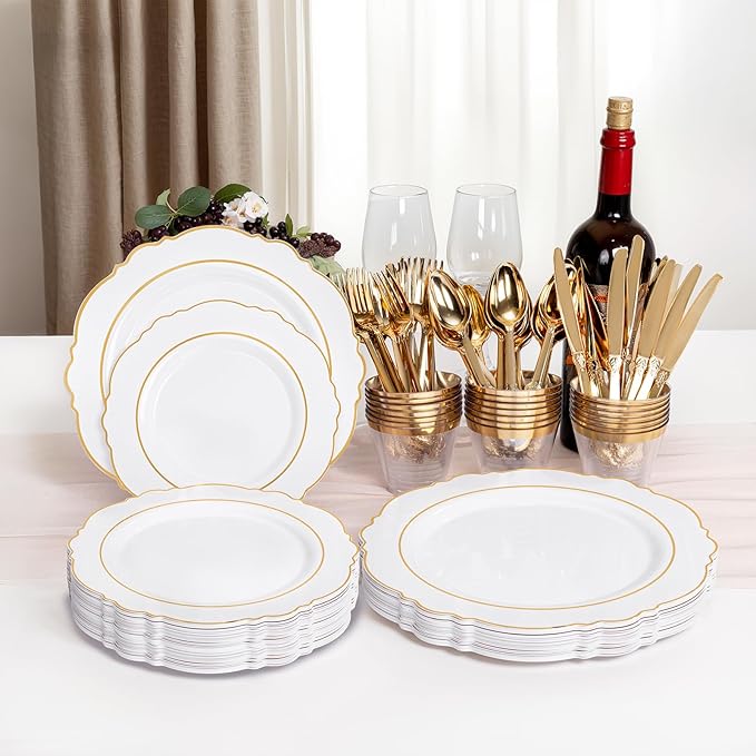 Liacere 700PCS Gold Plastic Plates - Baroque Dinnerware Sets for 100 Guests - 200 Disposable Plates（10inch，7inch）, 300 Gold Plastic Silverware, 100 Cups, 100 Napkins for Wedding & Easter Day