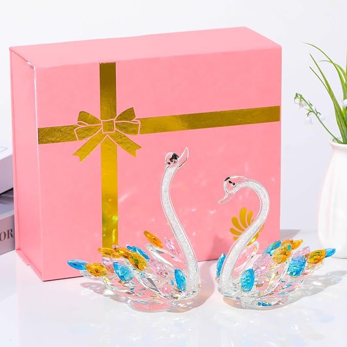 Ornalrist Set of 2 Crystal Colorful Swans Wedding Anniversary Romantic Gifts for Women, Parents - Mother's Day, Birthday Presents for Mom, Couple Swan Figurines Collectibles Home Decor