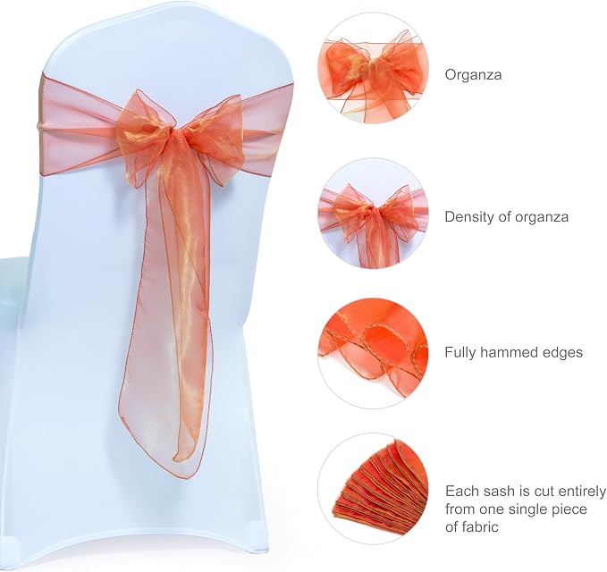 MDS® Pack of 200 Organza Chair Sashes for Wedding Decoration, Reusable Sheer Chair Bows for Banquet Chair Cover, Reception, Bridal Shower, Baby Shower, Birthday Party & Special Events - Brunt Orange