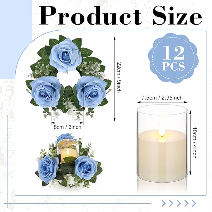 Yunlly 12 Pcs Rose Candle Rings with Flameless Candles Sets, Artificial Flower Eucalyptus Wedding Centerpiece 3 Inch Pillar Candleholders Wreaths for Wedding Party Mother's Day (Blue)