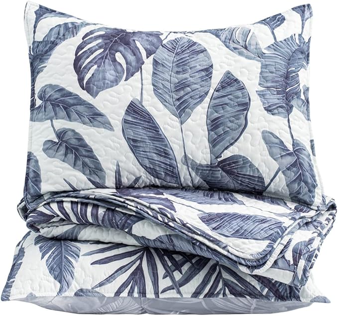 HORIMOTE HOME Tropical Plants Quilt Set Queen Size 3 Pieces, Blue Palm Leaves Rainforest Style Fine Printed Reversible Bedspreads Bedding Sets, Soft and Lightweight Bed Coverlet for All Season
