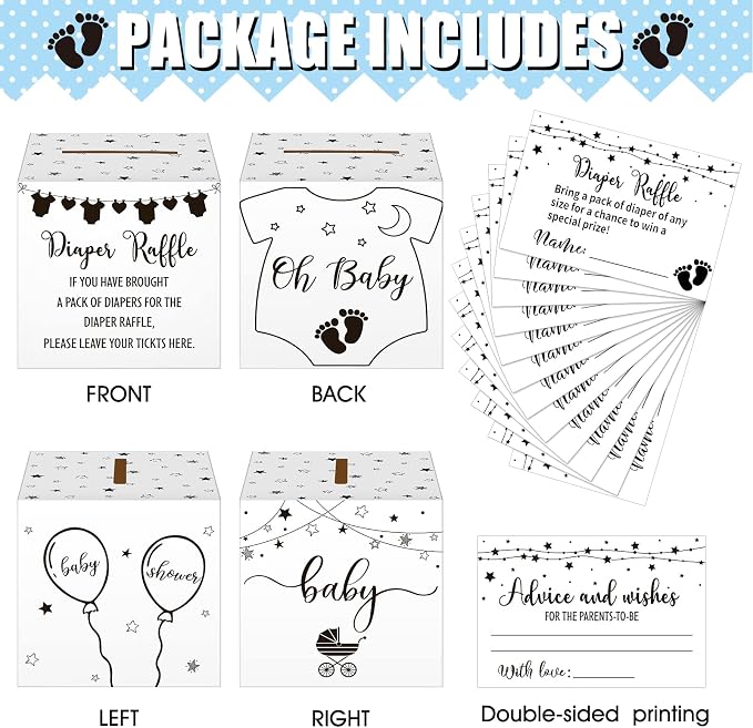 Teling 51 Pieces Diaper Raffle Tickets with Card Box Baby Shower Decorations Baby Shower Holder Box for Girl Boy Diaper Raffle Party(Fresh Style)