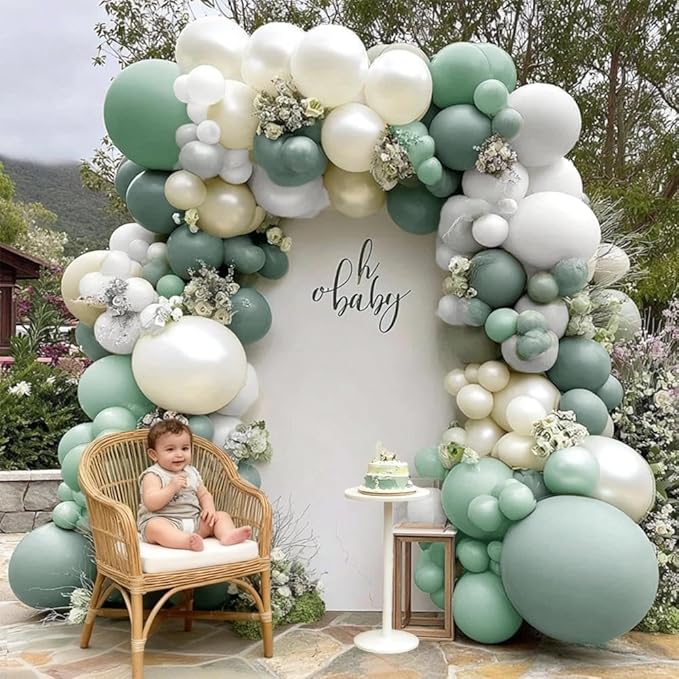 Sage Green White Balloon Garland Double Stuffed Dusty Green White Pearl Balloons Olive Pastel Balloon Arch Kit for Baby Shower Bridal Shower Birthday Easter Baptism Graduation Party Decorations
