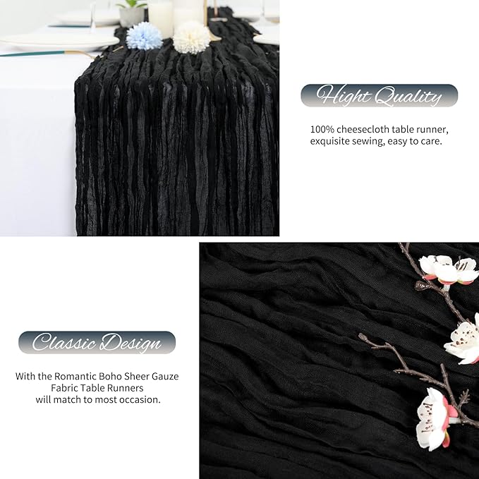 20 Pack Black Cheesecloth Table Runner 120 Inch 10FT Rustic Boho Gauze Cheese Cloth Table Runner for Wedding Party Baby Shower Thanksgiving Christmas Decoration