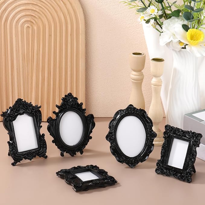 Maitys 10pcs Mini Picture Vintage Frames with Stands Tiny Antique Photo Baroque Ornate Resin Oval Frame Table Top Display Home Wedding Decor (Black)