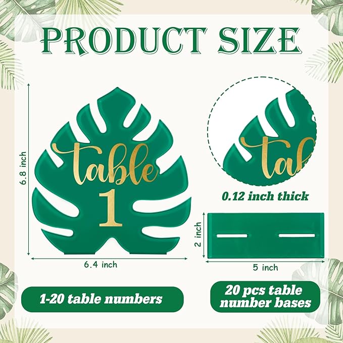 Palm Leaf Theme Wedding Acrylic Table Number 1-20 with 20Pcs Stands, 5"x7" Table Centerpiece Decor for Indoor Outdoor Tropical Safari Jungle Hawaiian Wedding Bridal Shower Anniversary