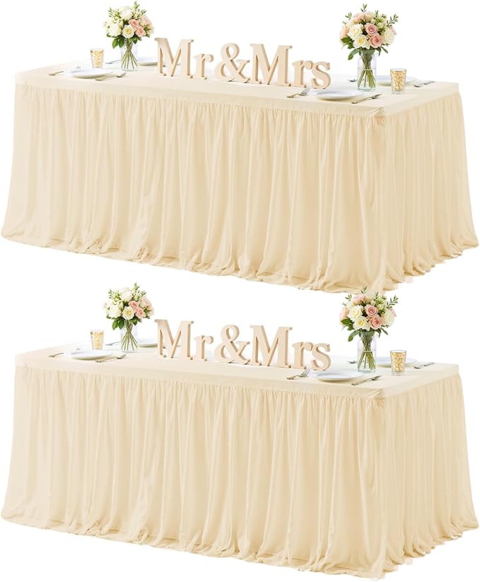 HB HBB MAGIC Champagne Table Cloth Spandex Table Covers 8ft Fitted Tulle Tablecloth Rectangular Desk Skirt Stretch Table Cloths Covers Party Banquet Birthday Baby Shower Wedding Table Cloth, 2 Pack