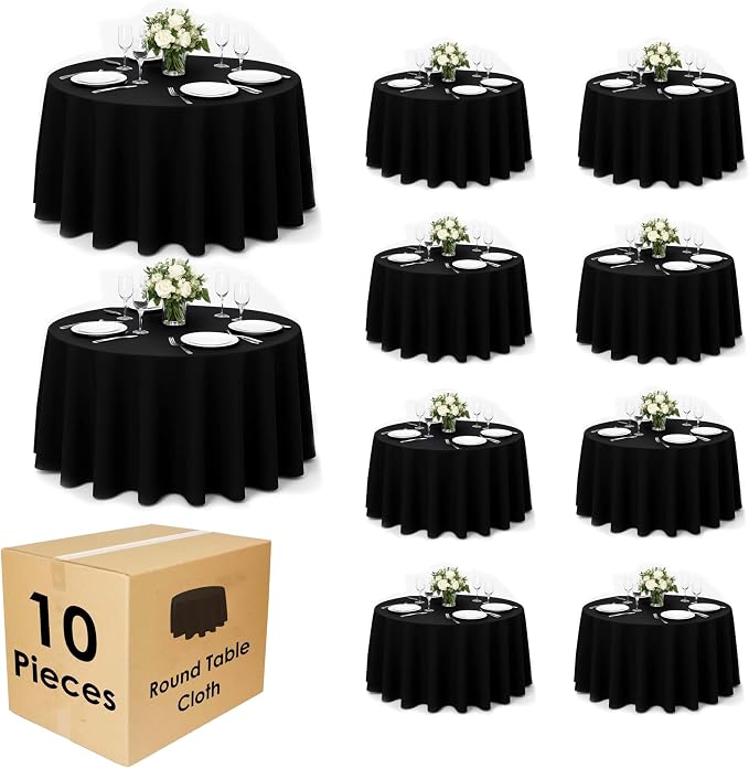 10 Pack 108 Inch Black Round Tablecloth, Polyester Fabric Washable Table Cloth for Home, Party, Wedding or Restaurant Use.
