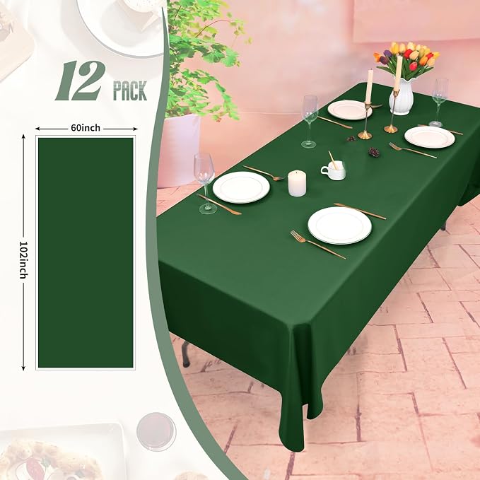 12 Pack Hunter Green Tablecloth 60x102 Inch Rectangular Table Cover | Wrinkle Resistant, Machine Washable Reusable, Wedding, Banquet, Restaurant, Party, Baby Shower,Indoor Outdoor Events