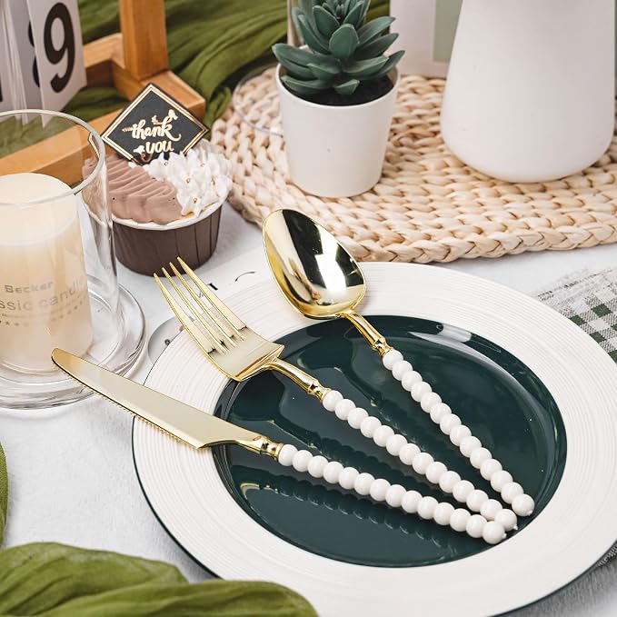 150 Pcs Gold Plastic Silverware,Gold Plastic Utensils with Ivory Beads Handle,Fancy Disposable Cutlery Set Include 50 Forks 50 Knives 50 Spoons for Party & Wedding