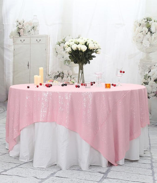 PartyDelight Pink Sequin Tablecloth Square Sparkly Table Cloth Overlay 90"x 90"