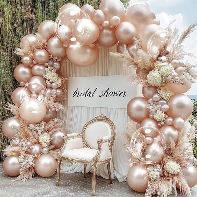 Pearl Balloon Arch Double Stuffed Pearl Rose Pink Metallic Balloon Garland Kit Different Sizes 12/10/5in With Clear Bobo Balloons for Birthday Wedding Bridal Baby Shower Engagement Party Decor