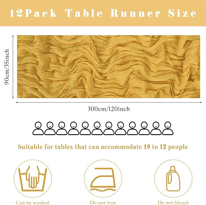 6 Pcs Mustard 35 x 120 Inches Long Cheesecloth Table Runner 10FT Runner for Tables Gauze Fabric Boho Table Runner Decoration Rustic Semi Sheer Runner for Wedding Baby Shower Birthday Party (Mustard)