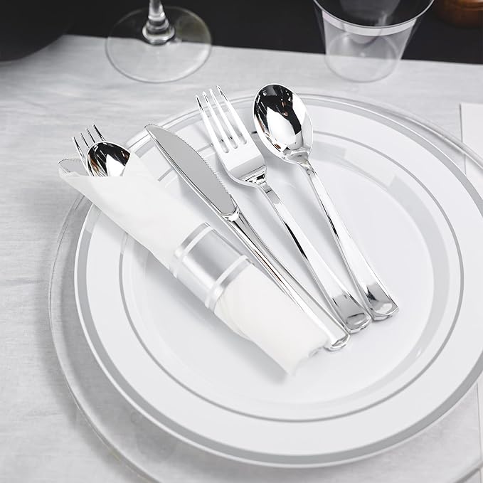 N9R 350PCS Silver Plastic Dinnerware Set for 50 Guests, Gold Disposable Plates for Party, Include:100 Plastic Plates, 50 Pre Rolled Napkins with Silverware and 50 Cups