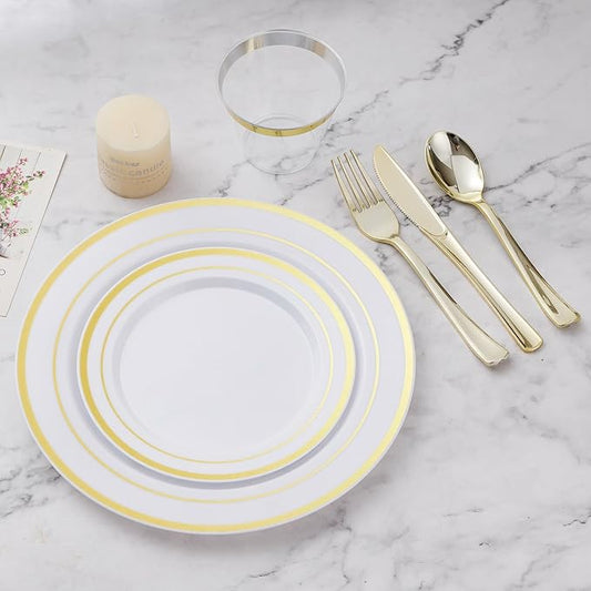 BESTVIP 450PCS Gold Dinnerware Set for 75 Guests, Plastic Plates for Party, 75 Gold Disposable Plates, 75 Dessert Plates, 75 Cups, 75 Spoons, 75 Forks and 75 Knives