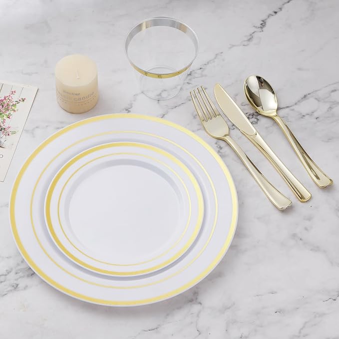 BESTVIP 900PCS Gold Dinnerware Set for 150 Guests, Plastic Plates for Party, 150 Gold Disposable Plates, 150 Dessert Plates, 150 Cups, 150 Spoons, 150 Forks and 150 Knives