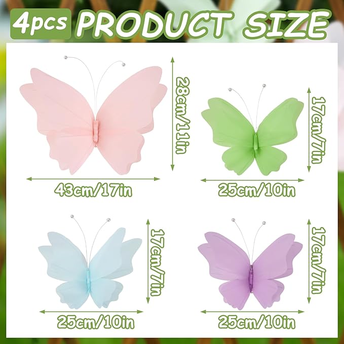 SUNBEAUTY Butterfly Party Decorations, 3D Butterflies, Water Proof Wedding Decor, Hanging Butterflies for Baby Shower Birthday Decor Party Girls, Women, PET Plastic Butterfly for Wall Decor, Set of 4