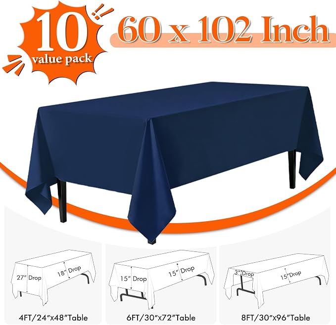 10 Pack Navy Blue Tablecloth 60x102 Inch Navy Blue Table Cloth for 6 Foot Rectangle Tables, Wrinkle Resistant Rectangular Tablecloth Washable Polyester Fabric Table Covers for Party Banquet Wedding