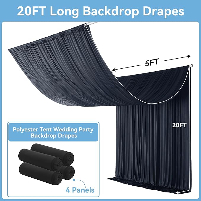 Outpain 20ftx20ft Black Backdrop Ceiling Drapes,4Panels 20ft Height Wrinkle Free Tent Draping Curtains, Fabric Drapery Ceiling Drapes for Wedding Ceremony Birthday Theme Parties with Rod Pocket