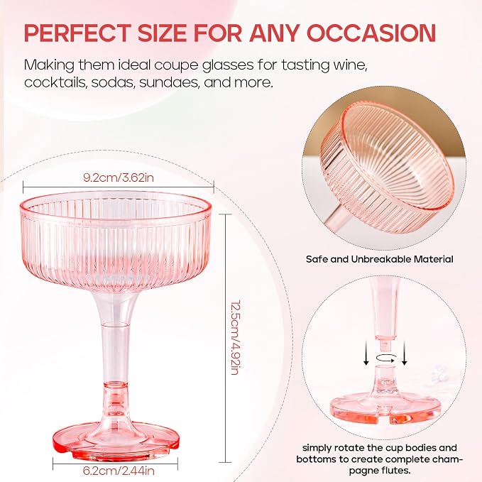 20 Pack Plastic Champagne Tower, 7oz Champagne Coupe glasses Unbreakable Plastic Cocktail Glasses Acrylic Martini Glasses for Wedding Birthday Party Bar, Pink