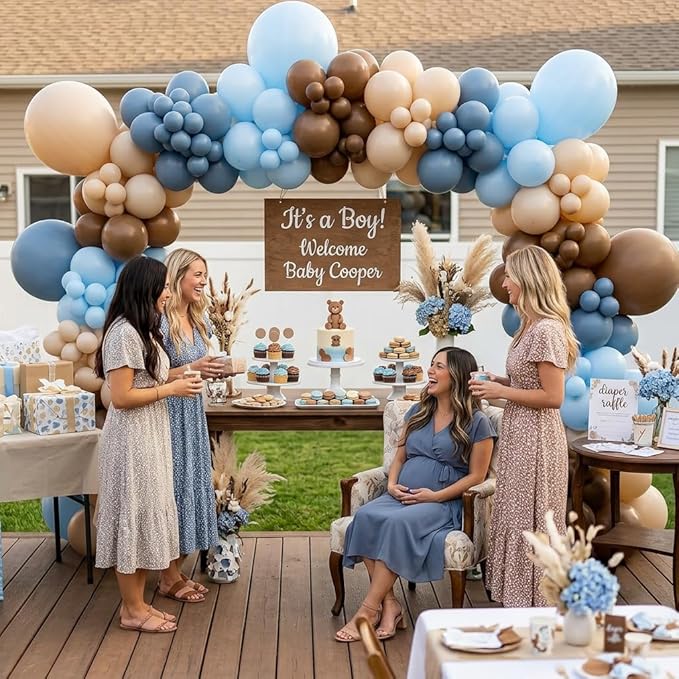 Blue and Brown Balloon Garland Arch Kit, 114Pcs Dusty Blue Double Stuffed Coffee Brown Sand White Balloons for Boy Bear Baby Shower Decorations Wedding Boho Birthday Party Decorations