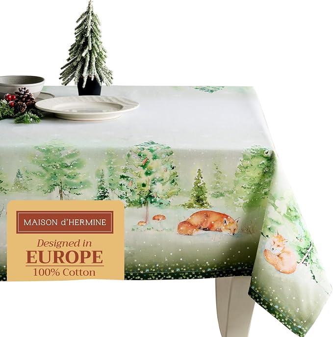 Maison d' Hermine Table Cloth Rectangle Table 100% Cotton 70 x 120 Inches Fall Tablecloth Reusable Everyday Use for Thanksgiving Christmas Decorations Dining Farmhouse Party (Winter Mornings)