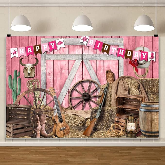 Leowefowa Pink Western Cowgirl Backdrops 15x10ft Pink Barn Door Haystacks Background for Photography Western Rustic Girl Birthday Party Banner Decor Cowgirl Party Portrait Studio Props Vinyl