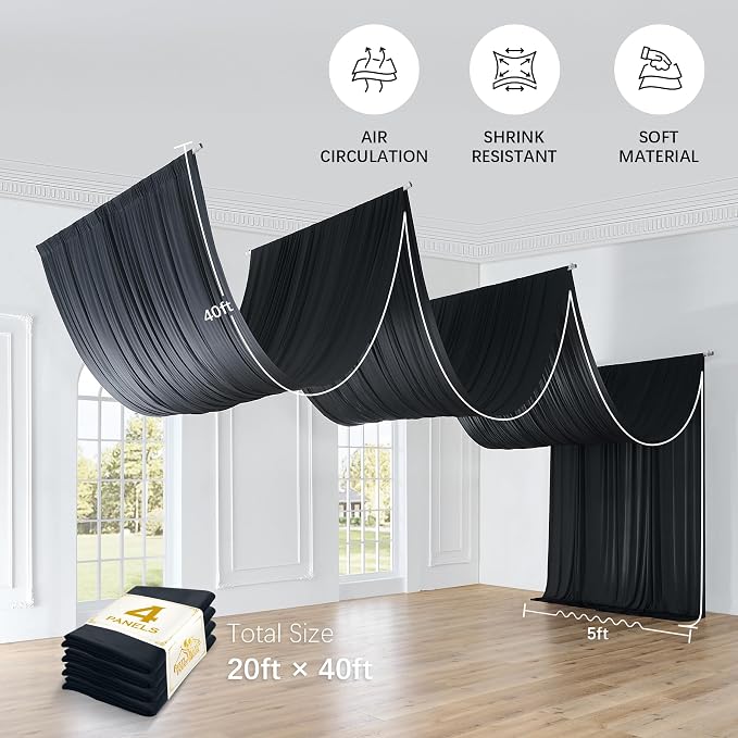 20ftx40ft Black Ceiling Curtain for Wedding Parties – 4 Panels Wrinkle-Free 40 FT Long Tent Draping Curtains for Wedding, Birthday & Theme Parties, 40ft Height with Rod Pocket