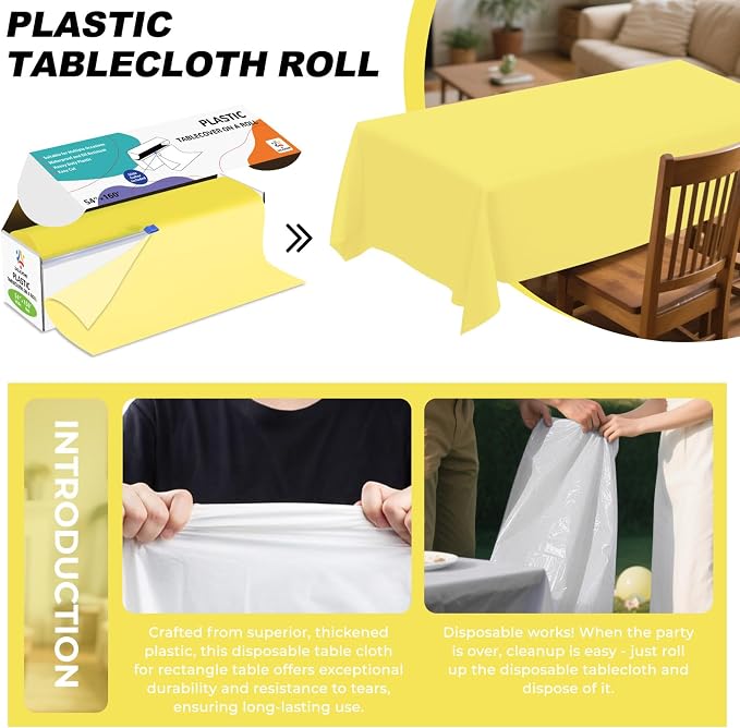 54IN X 160FT Plastic Table Cover Roll with Cutter Box, Cut to Size Plastic Table Cloths for Parties, Birthday, Disposable Tablecloth Roll for All Shape Tables (Light Yellow, 54 Inch X 160 Feet)
